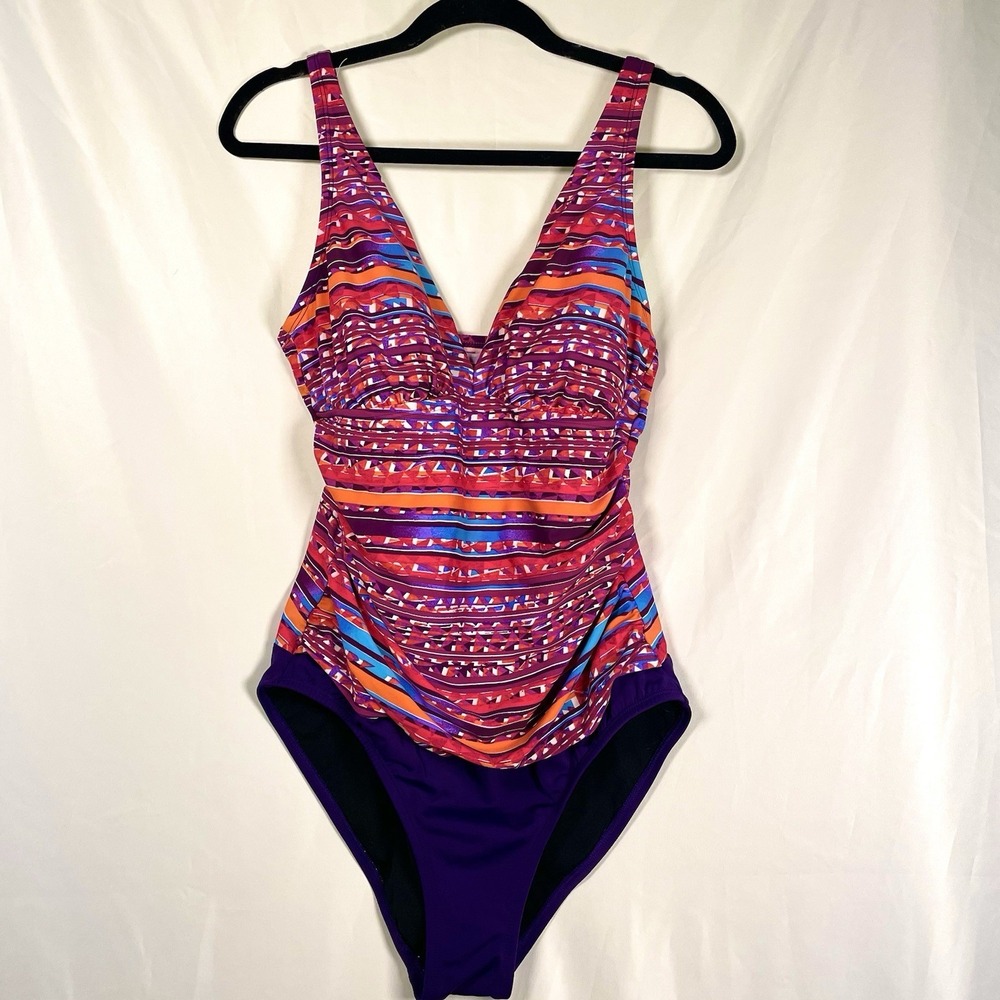 Jantzen One Piece Swimsuit size 16 Multicolor Tropical Geometric V-Neck Vacation